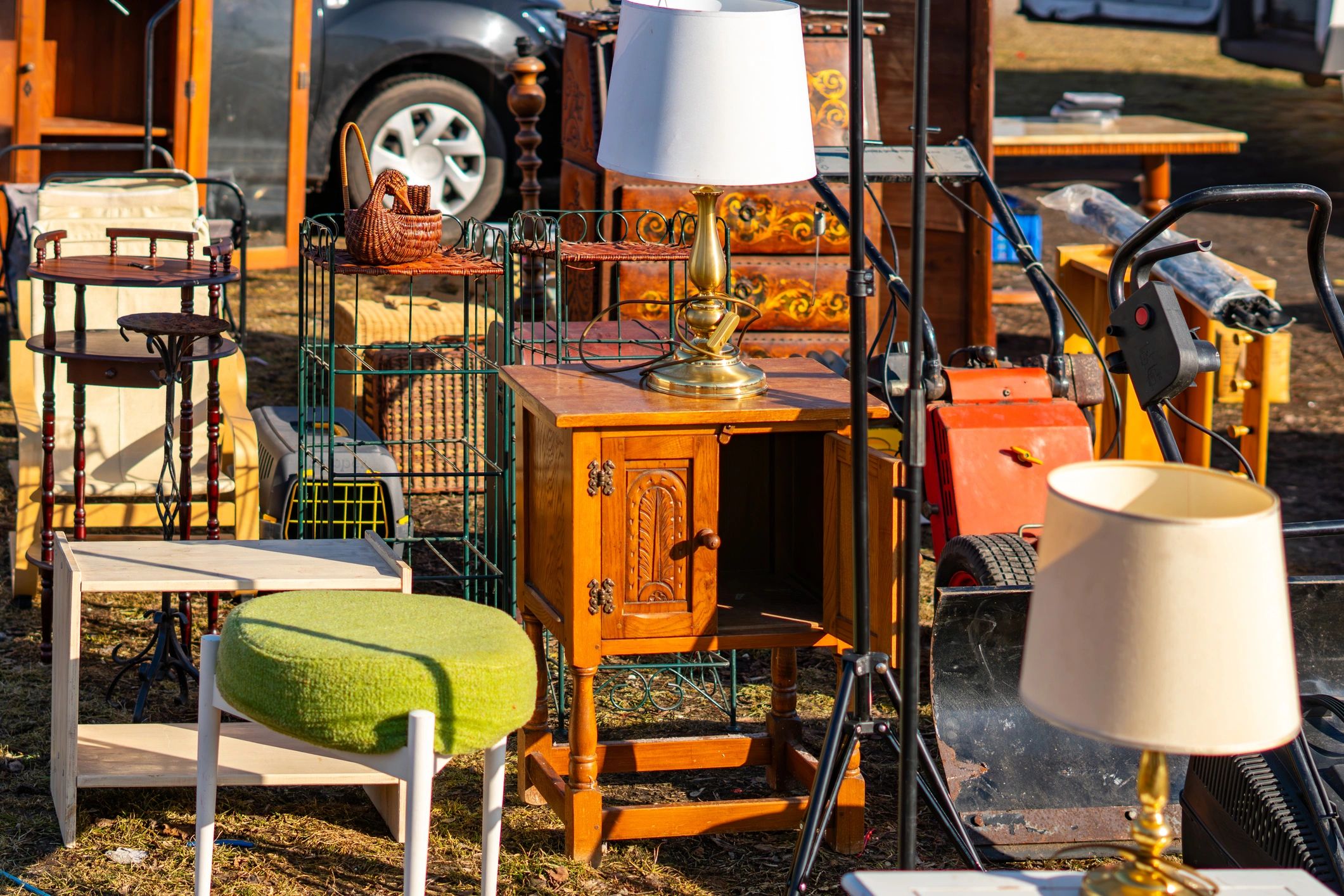 Outdoor flea market vintage furniture display